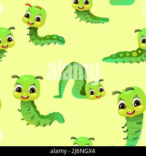 Caterpillar crawling. Seamless pattern. Wildlife object. Little funny insect. Cute cartoon style. Vector. Stock Vector