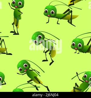 Green grasshopper with long mustache. Seamless pattern. Wildlife object. Little funny insect. Cute cartoon style. Vector. Stock Vector