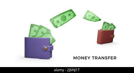 Money transaction concept. 3d wallets and transfer of paper money. Business and finance success. Vector illustration Stock Vector