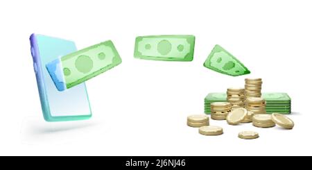 Mobile phone gold coins stack and paper currency in realistic cartoon style. Money savings and online financial management concept. Vector illustratio Stock Vector