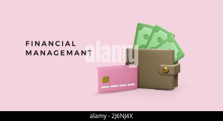 3D wallet with paper currency and credit card. Money saving template. Realistic cartoon business banner. Finance management. Vector illustration Stock Vector
