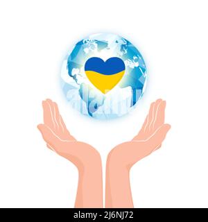 Couple of hands with planet and heart shape in national Ukraine colors. Symbol of mercy support and donation. Vector illustration Stock Vector
