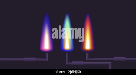 Digital illustration of gas flame and pipes, neon colors on black background. Vector illustration Stock Vector