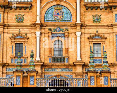 Decorated with azulejos facade at Palacio Espanol in Plaza de Espana (Spain Square) in Seville - Andalusia, Spain Stock Photo