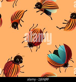 Colorado beetle. Seamless pattern. View from the back. Wildlife object. Little funny insect. Cute cartoon style. Vector. Stock Vector