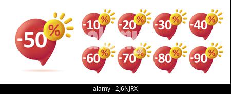 Set o summer sale badges in a shape of speech bubble with sun and percent discount. Vector illustration islated Stock Vector