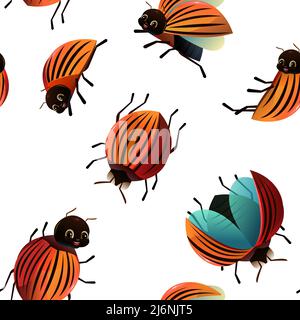 Colorado beetle. Seamless pattern. View from the back. Wildlife object. Little funny insect. Cute cartoon style. Isolated on white background. Vector. Stock Vector