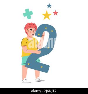 Child boy with figure 2 two in hands, vector cartoon flat illustration isolated on background. Child learning numbers, counting and mathematics. Kids Stock Vector