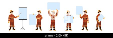 Fireman in helmet hold blank banners. Vector flat illustration of professional firefighter man in red protection costume with empty blue posters isolated on white background Stock Vector
