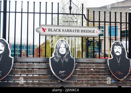 Black Sabbath Bridge and seat commemorating the heavy metal band formed in Birmingham. Stock Photo