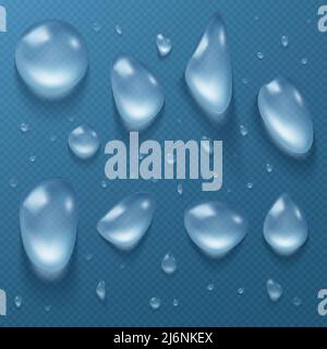 Water drops, clear dews of different shapes and sizes, dripping hydration liquid pure droplets, scatter aqua bubbles, glass balls, spheres isolated on transparent background, Realistic 3d vector set Stock Vector