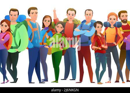 Man, women and child tourist backpacker. Backpack on his back. Cheerful person. Standing pose. Cartoon comic style flat design. Single character. Seam Stock Vector