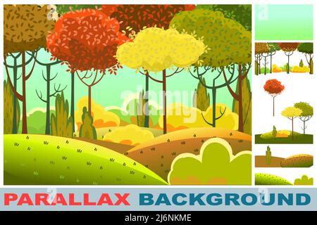 Forest. Set for parallax effect. Funny beautiful autumn landscape. Cartoon style. Leaves. Hills with grass and red, yellow, orange trees. Cool romanti Stock Vector