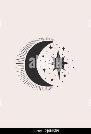 Mystic aesthetic witch mage composition print. Hand draw black color.Esoteric sign alchemy. Stock Vector