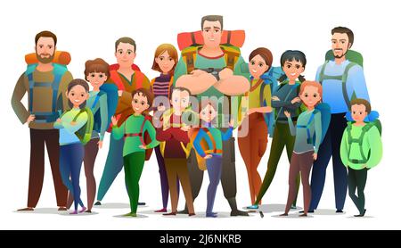 Man, women and child tourist backpacker. Backpack on his back. Cheerful person. Standing pose. Cartoon comic style flat design. Single character. Illu Stock Vector