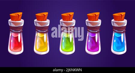 Magic elixir, potion bottles, cartoon thin glass flasks with colorful glowing liquid, leather rope and plugs. Witch poison ui game assets, alchemy apothecary vials, Vector illustration, icons set Stock Vector