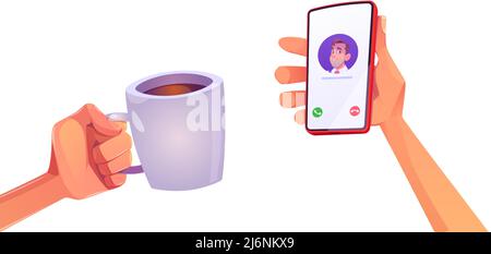 Human hands with coffee cup and phone isolated on white background. Person holding mug with hot beverage and smartphone with income call. Morning, working day beginning, Cartoon vector illustration Stock Vector