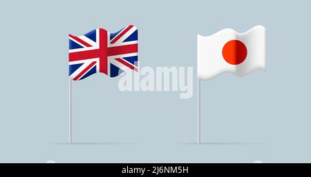 Great Britain and Japan flags, digital 3d icon, waving on wind. Vector illustration Stock Vector