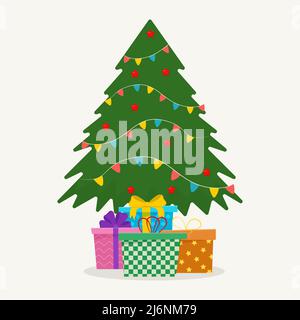 Christmas tree with tree ball and tree toy. Christmas gifts. Stock Vector