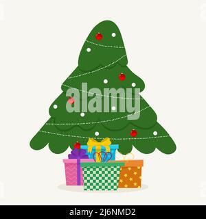 Christmas tree with tree ball and tree toy. Christmas gifts. Stock Vector