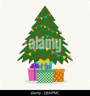 Christmas tree with tree ball and tree toy. Christmas gifts. Stock Vector