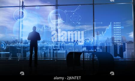 Silhouette of a trader in front of bitcoin quotes, 3D render. Stock Photo