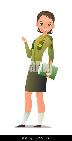 Pretty little girl in scout uniform with badges. Cheerful girl. Standing pose. Cartoon flat design in comic style. Single character. Illustration Stock Vector