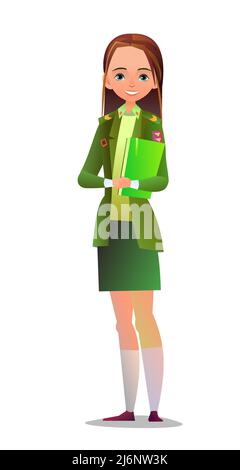 Pretty little girl in scout uniform with badges. Cheerful girl. Standing pose. Cartoon flat design in comic style. Single character. Illustration Stock Vector