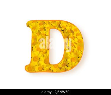 Letter D logo. Yellow color spring flower capital letter D, design element alphabet, daisies texture, vector illustration isolated on white background Stock Vector