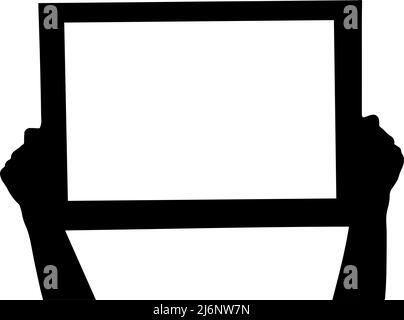 Two hands hold a sign vector silhouette, frame with copy space black color, a signboard with arms, isolated on white background Stock Vector