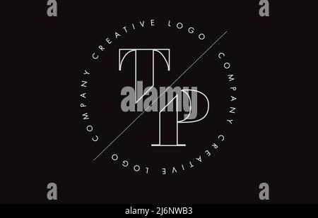 White Outline TP t p letter logo with cut and intersected design and round frame. Vector illustration with monogram design and written circle. Stock Vector
