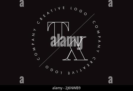White Outline TX t x letter logo with cut and intersected design and round frame. Vector illustration with monogram design and written circle. Stock Vector