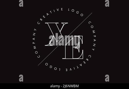 White Outline XE x e letter logo with cut and intersected design and round frame. Vector illustration with monogram design and written circle. Stock Vector