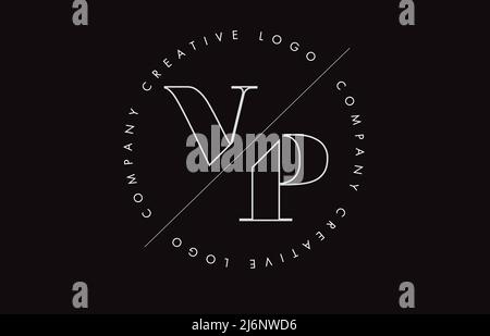 White Outline VP v p letter logo with cut and intersected design and round frame. Vector illustration with monogram design and written circle. Stock Vector