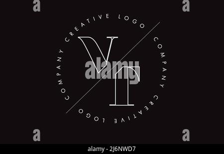 White Outline VT v t letter logo with cut and intersected design and round frame. Vector illustration with monogram design and written circle. Stock Vector