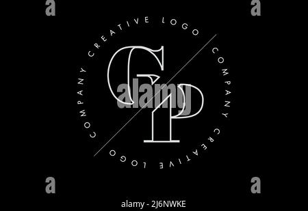 White Outline GP letter logo with cut and intersected design and round frame. Vector illustration with monogram design and written circle. Stock Vector