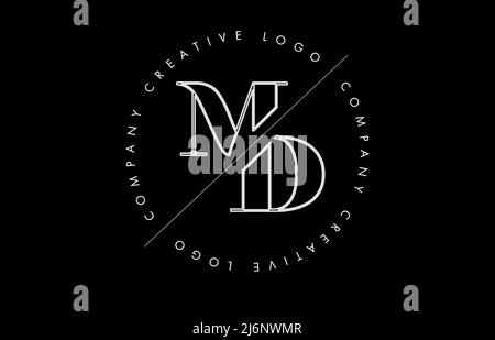 White Outline MD m d letter logo with cut and intersected design and round frame. Vector illustration with monogram design and written circle. Stock Vector