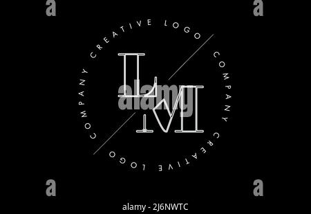 White Outline LM l m letter logo with cut and intersected design and round frame. Vector illustration with monogram design and written circle. Stock Vector