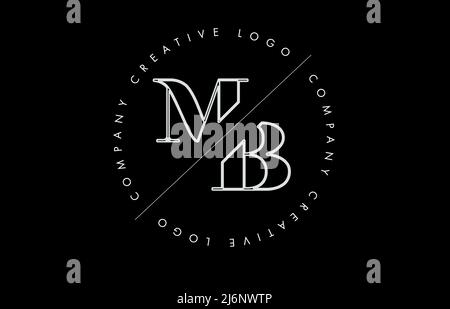 White Outline MB m b letter logo with cut and intersected design and round frame. Vector illustration with monogram design and written circle. Stock Vector