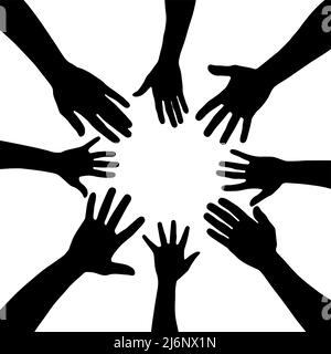 Group of people gathering hands vector silhouette, top view hand gathering silhouette, black color isolated on white background, with copy space Stock Vector