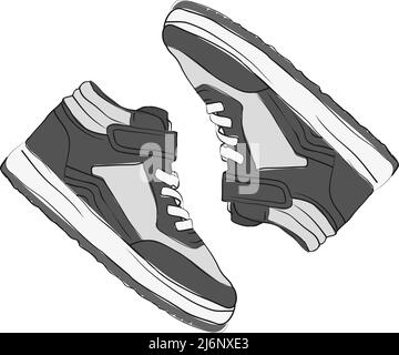 Grey fashion sneakers illustration, gray colors, sneaker with top view, flat design, sketch concept drawing shoes Stock Vector