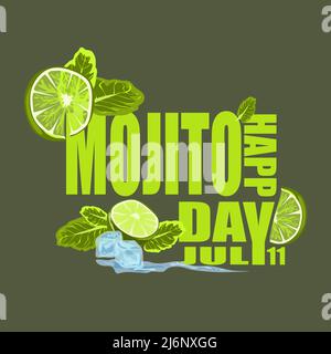 Vector cartoon flat illustration of isolated Classic Mojito cocktail ingredients. lime, mint, ice cubes in front of stylized lettering Happy Mojito da Stock Vector