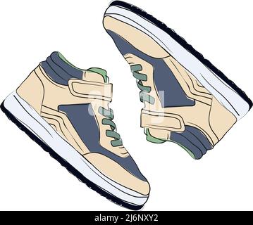 Pale color fashion sneakers illustration, sneaker with top view, flat design, Sketch concept drawing shoes, gray, green and skin color sport shoes Stock Vector