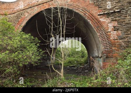 Brick arched bridge over the dismantled railway line from Scunthorpe, UK into the nearby steelworks under Rowland Road. Stock Photo