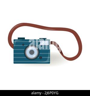 Camera on a leather strap in a flat style. Small camera with flash, dark blue, isolated on a white background. Color vector illustration. Symbol of tr Stock Vector