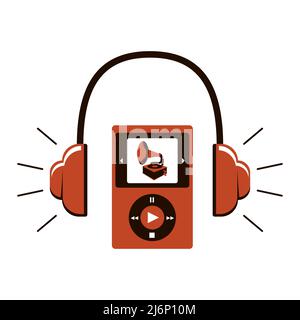 Audio guide icon. Headphones and a device with control buttons. On the screen, a dinosaur skeleton. Audio accompaniment in the Museum. Vector illustra Stock Vector
