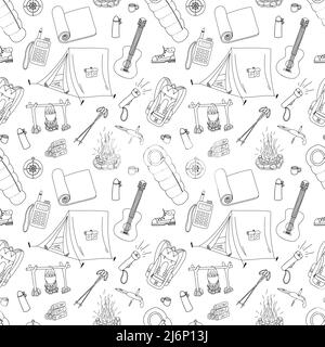 Seamless pattern with elements for camping, travel, rural holiday in doodle style.Elements are drawn by hand and isolated on a white background.Color Stock Vector
