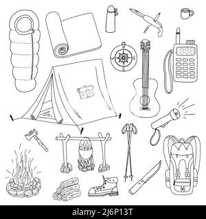 Set of elements on the theme of camping and tourism. Doodle style. Black and white vector illustration. Drawn by hand, isolated on a white background. Stock Vector