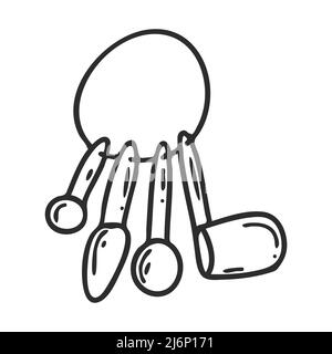 Set of measuring spoons in doodle style. Kitchen utensils, cookware. Design element for the design of magazines, packaging, menus, recipes. Hand drawn Stock Vector