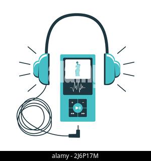 Icon of the Museum audio guide. Headphones with a wire connected to a gadget with control buttons. Audio accompaniment in the Museum. Vector illustrat Stock Vector